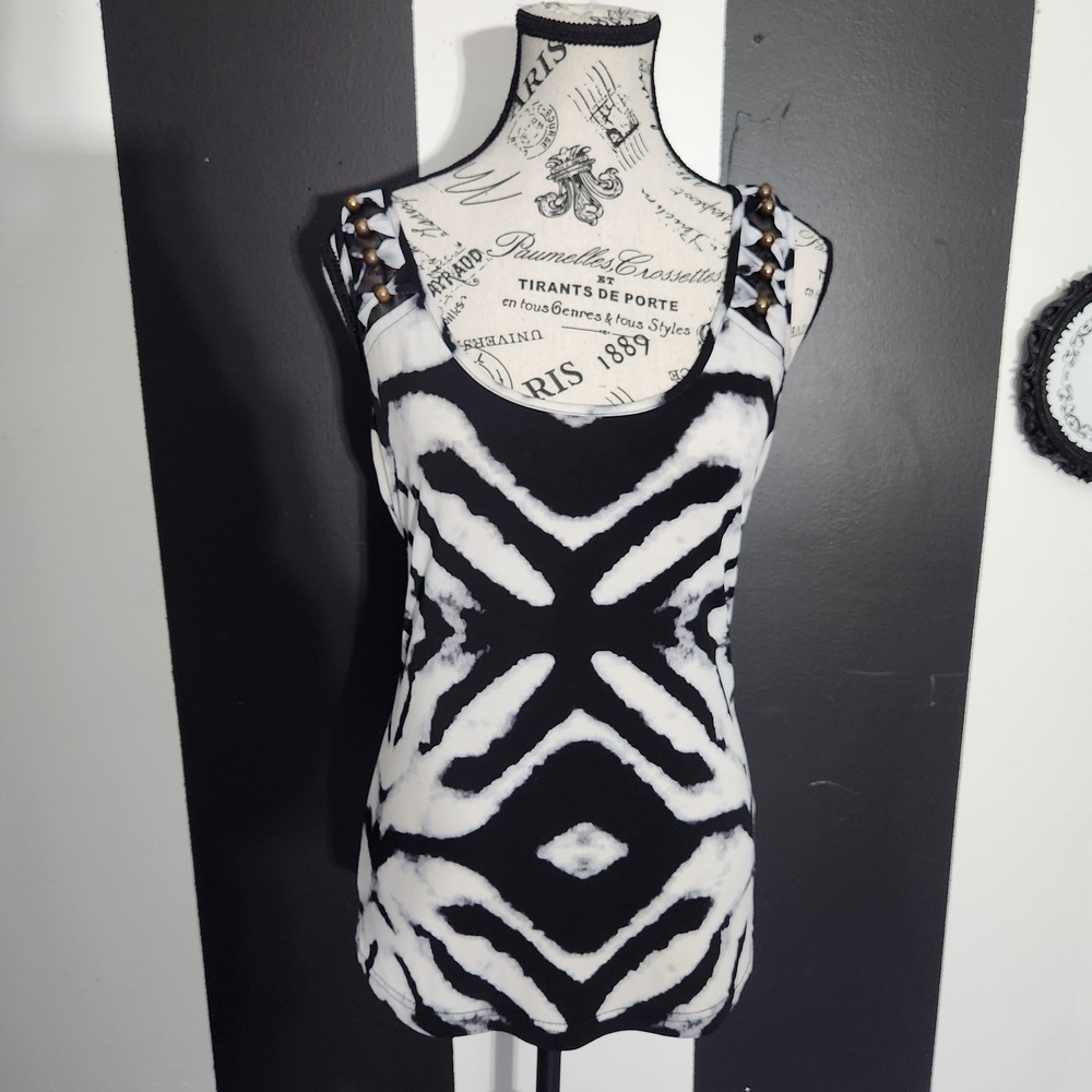 Bebe Black and White Patterned Tank Top